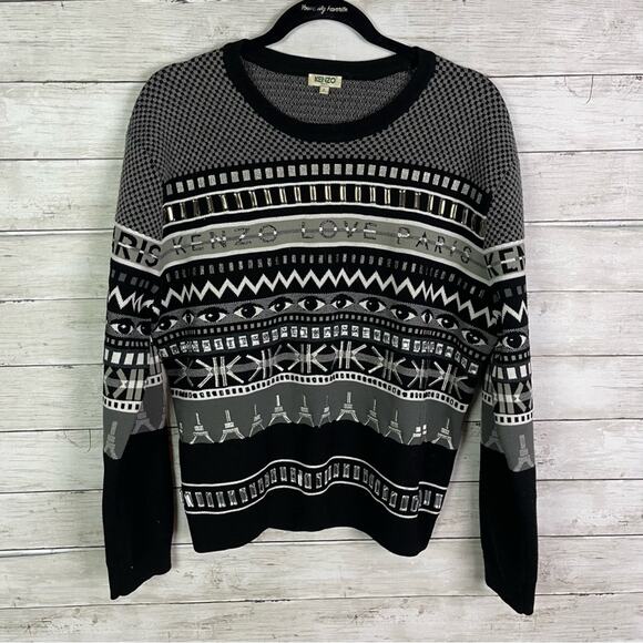 Kenzo Striped Embroidered Wool Eye Motif Embellished Sweater Size Large - Picture 1 of 6